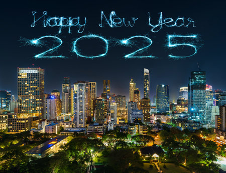 2025 happy new year fireworks celebrating in Bangkok city at night, Thailandの写真素材