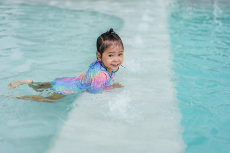 toddler baby girl learning to swim in edge of a poolの写真素材