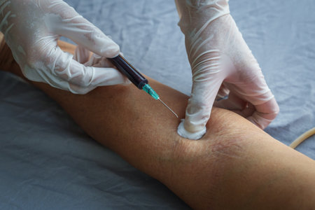 close up of doctor or nurse taking a blood sample from arm vein with a vacutainer. syringe to venipuncture the patientの写真素材