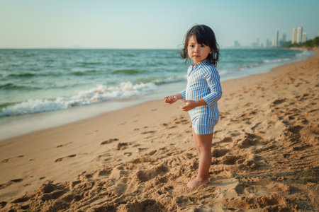 toddler baby girl standing on the sea beach in Pattaya, Thailandの写真素材