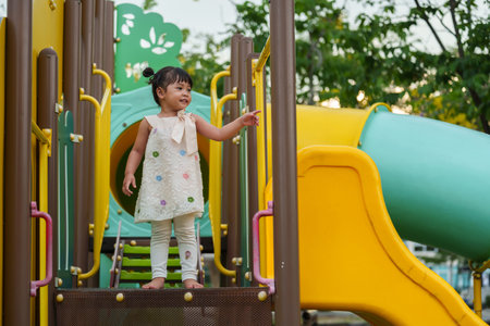 happy toddler girl playing at a outdoor playground in the parkの写真素材
