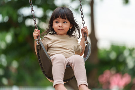 cheerful toddler girl playing on a swing at outdoor playgroundの写真素材