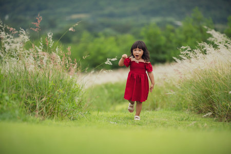 happy toddle girl walking on a grass fieldの写真素材