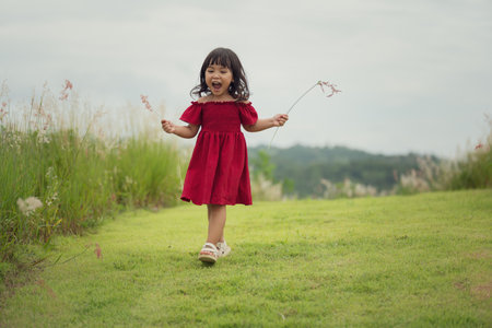 happy toddle girl walking on a grass fieldの写真素材