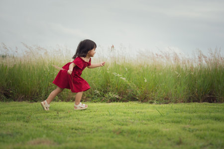 happy toddle girl in red dress running on a grass fieldの写真素材