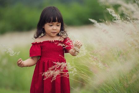 cheerful toddler girl in red dress playing grass flower in fieldの写真素材