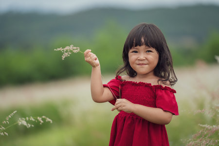 cheerful toddler girl in red dress playing grass flower in fieldの写真素材