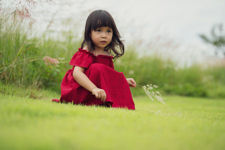 cheerful toddler girl in red dress playing grass flower in fieldの写真素材