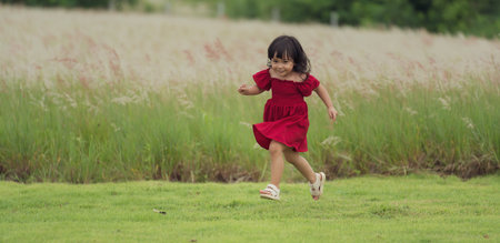 happy toddle girl in red dress running on a grass fieldの写真素材
