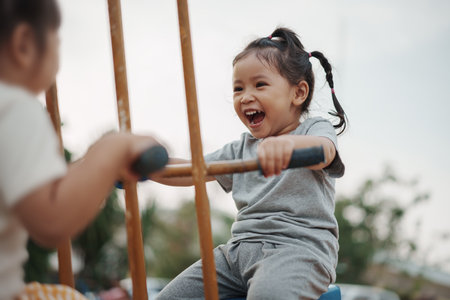 cheerful toddler girl playing on a double swing with freind at outdoor playgroundの写真素材