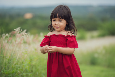 cheerful toddler girl in red dress playing grass flower in fieldの写真素材