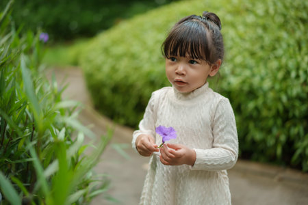 happy toddler girl in white dress with Ruellia simplex or Mexican petunia flower in the gardenの写真素材