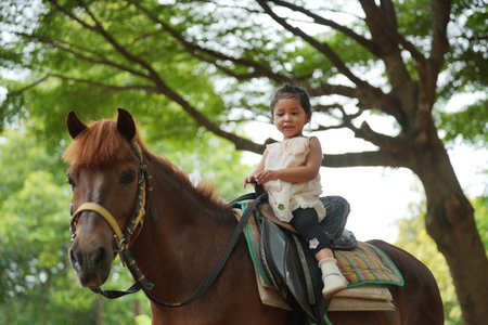 happy toddler girl riding brown horse in parkの写真素材