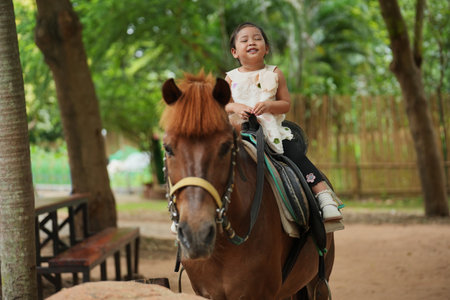 happy toddler girl riding brown horse in parkの写真素材