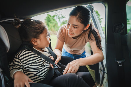 mother is fastening safety belt to toddler girl in a car seat, safety baby chair travellingの写真素材