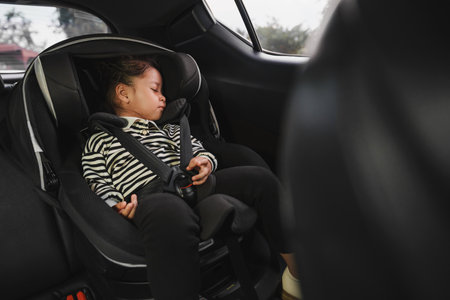 toddler girl sitting and sleeping in a car seat, safety baby chair travelling