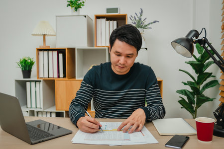 happy man writing document or paperwork with a laptop at home office