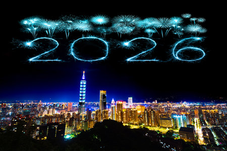 2026 happy new year fireworks over Taipei cityscape at a night, Taiwan