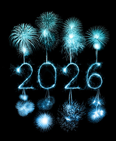2026 happy new year fireworks celebration written sparkling at a night