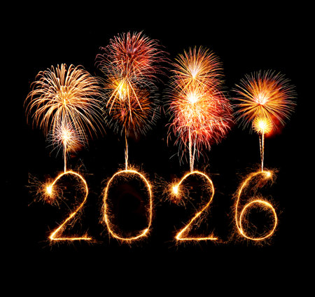 2026 happy new year fireworks celebration written sparkling at a night