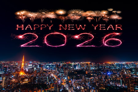 2026 happy new year fireworks over Tokyo cityscape at a night, Japan