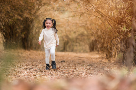 Portrait of a cheerful little child girl walking in a dry bamboo forest.