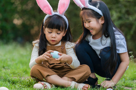 two happy child girl wearing bunny ears playing together and hunting for Easter eggs into basket on...