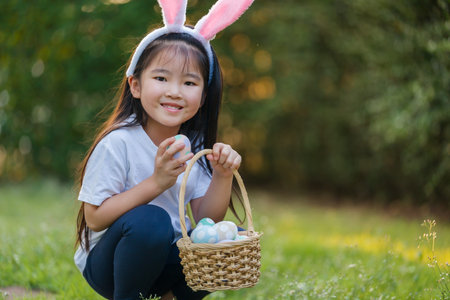 happy child girl wearing bunny ears playing and hunting for Easter eggs into a basket on green grass...