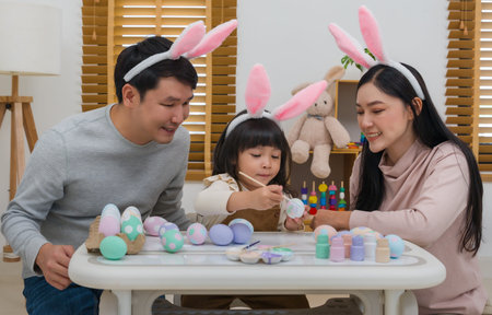 father, mother and daughter wearing bunny ears painting and decorating egg  together at their home...