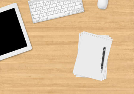 Top view of office table with blank papers, tablet. keyboard, mouse and pen