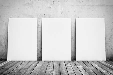 Three-dimensional illustration of interior: white blank poster on concrete wall and wood floor....
