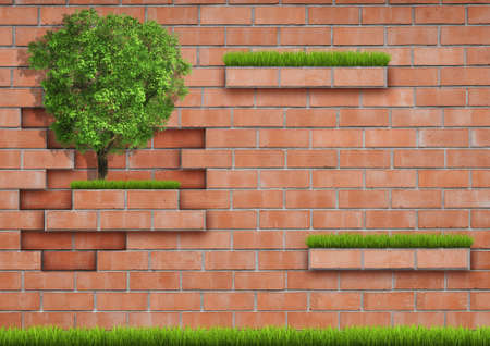 Grown tree with brick wall on green fresh grass. Backgroundの写真素材