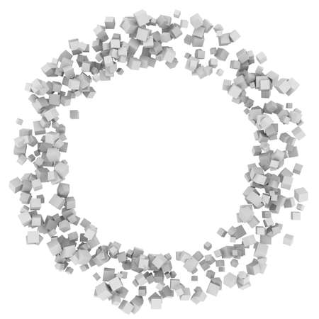 Three-dimensional illustration of background with circle of white boxesの写真素材