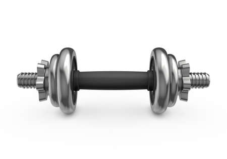 Fitness and sports equipment. Metal dumbbell with disks isolated on white backgroundの写真素材