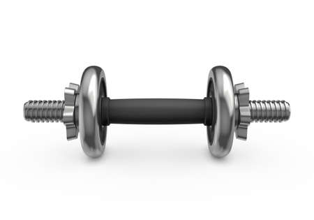 Fitness and sports equipment. Metal dumbbell with disks isolated on white backgroundの写真素材