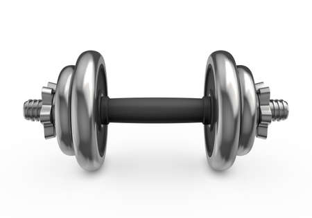 Fitness and sports equipment. Metal dumbbell with disks isolated on white backgroundの写真素材