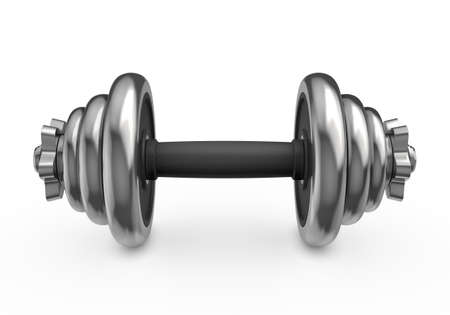 Fitness and sports equipment. Metal dumbbell with disks isolated on white backgroundの写真素材