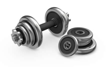 Fitness and sports equipment. Metal dumbbell with disks isolated on white backgroundの写真素材