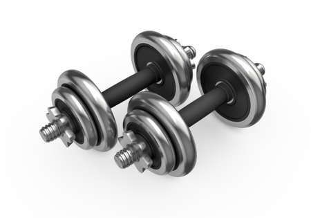 Fitness and sports equipment. Metal dumbbells with disks isolated on white backgroundの写真素材