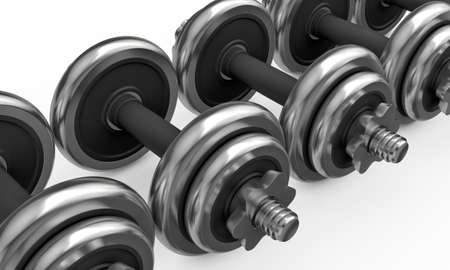 Fitness and sports equipment. Metal dumbbells with disks isolated on white backgroundの写真素材