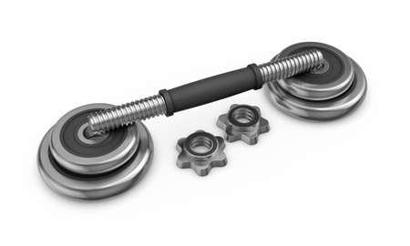 Fitness and sports equipment. Metal dumbbell with disks isolated on white backgroundの写真素材