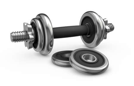 Fitness and sports equipment. Metal dumbbell with disks isolated on white backgroundの写真素材