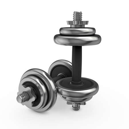 Fitness and sports equipment. Metal dumbbell with disks isolated on white backgroundの写真素材