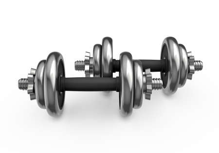 Fitness and sports equipment. Metal dumbbells with disks isolated on white backgroundの写真素材