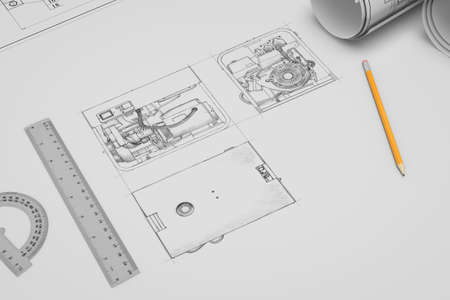 Three-dimensional illustration of flat techincal drawing and sketch of portable gasoline generatorの写真素材
