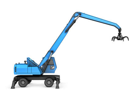 Three-dimensional illustration of crane with mechanical hand isolated on a white backgroundの写真素材