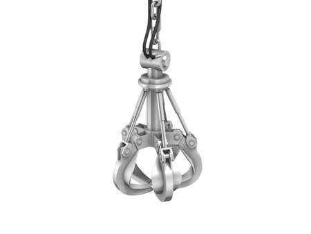 Three-dimensional illustration of crane mechanical claw on chain isolated on white backgroundの写真素材