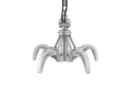 Three-dimensional illustration of crane mechanical claw on chain isolated on white backgroundの写真素材