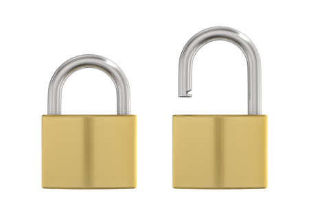 Three-dimensional illustration of locked and unlocked metal lock