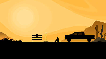Silhouette. Road closed, dead end, man sitting on the ground on orange backgroundの写真素材
